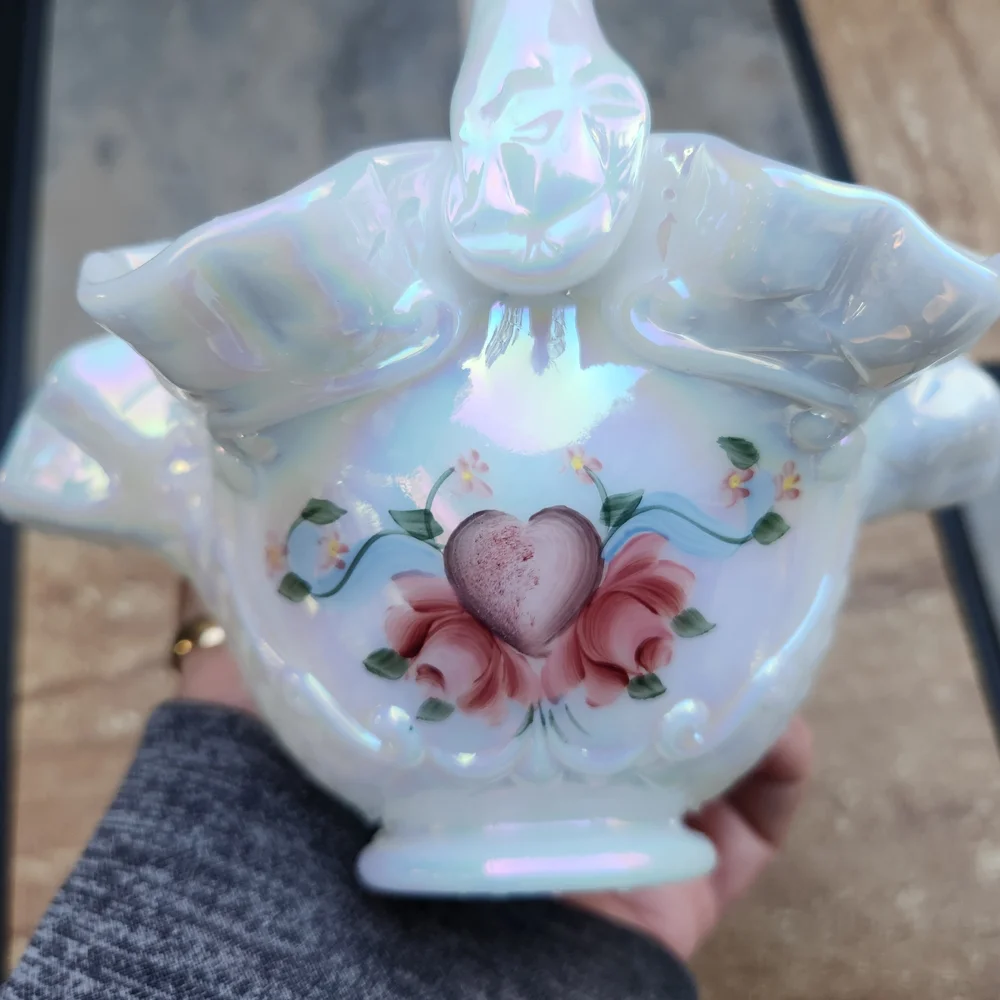 Fenton White Carnival Glass Opalescent Handpainted Basket Signed By Artist
